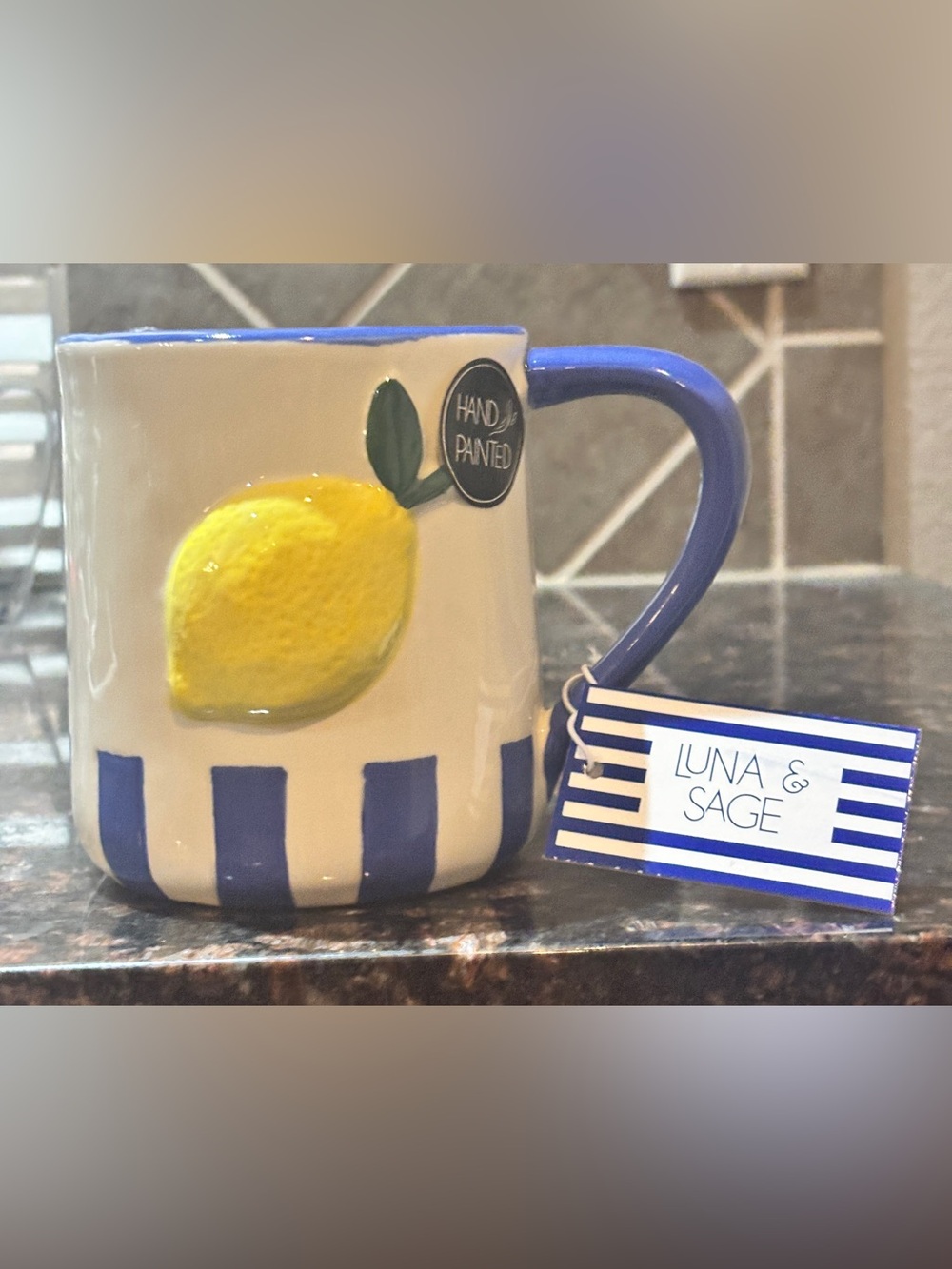 Hand-Painted Lemon Ceramic Mug in Blue and White